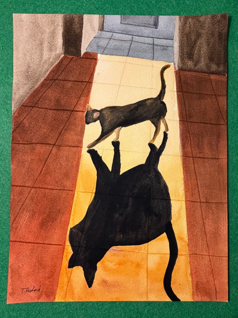 Hand painted watercolor original painting cat shadow tile floor
